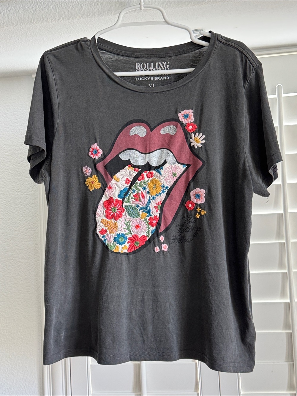 Lucky Rolling Stones Floral Embroidered Hot Lips Crew Tee